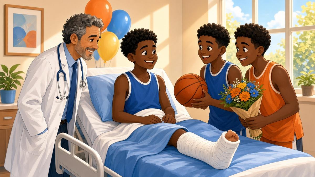 Bright comic of a fictional basketball player with a leg cast cheered up by teammates and a kind doctor