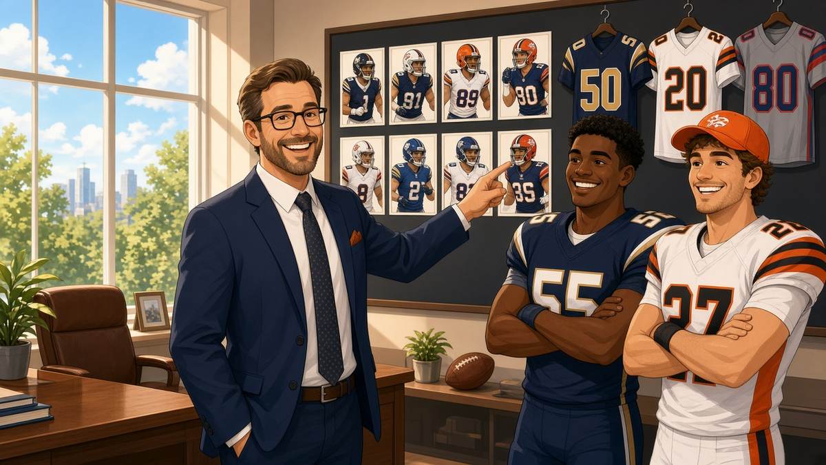 Bright comic of a smiling fictional general manager pointing at a player board while two football players look on
