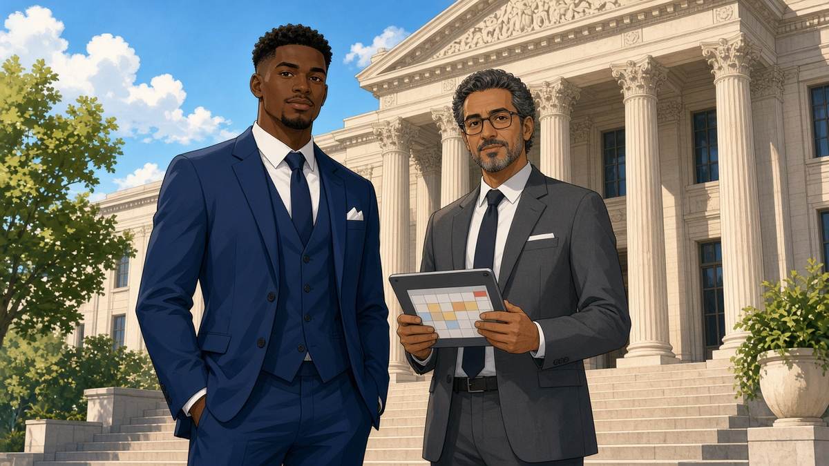 Bright comic of a fictional footballer in a suit and his lawyer outside a sunny courthouse