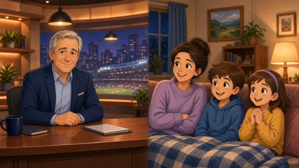 Warm comic of a fictional grey-haired football presenter at a studio desk while a caring family watches from the sofa