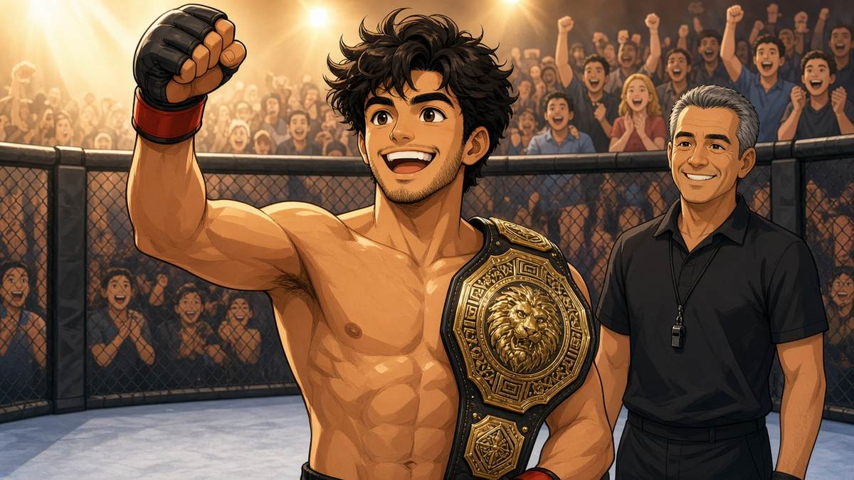 Bright comic of a beaming fictional fighter with a championship belt raising his fist beside a smiling referee