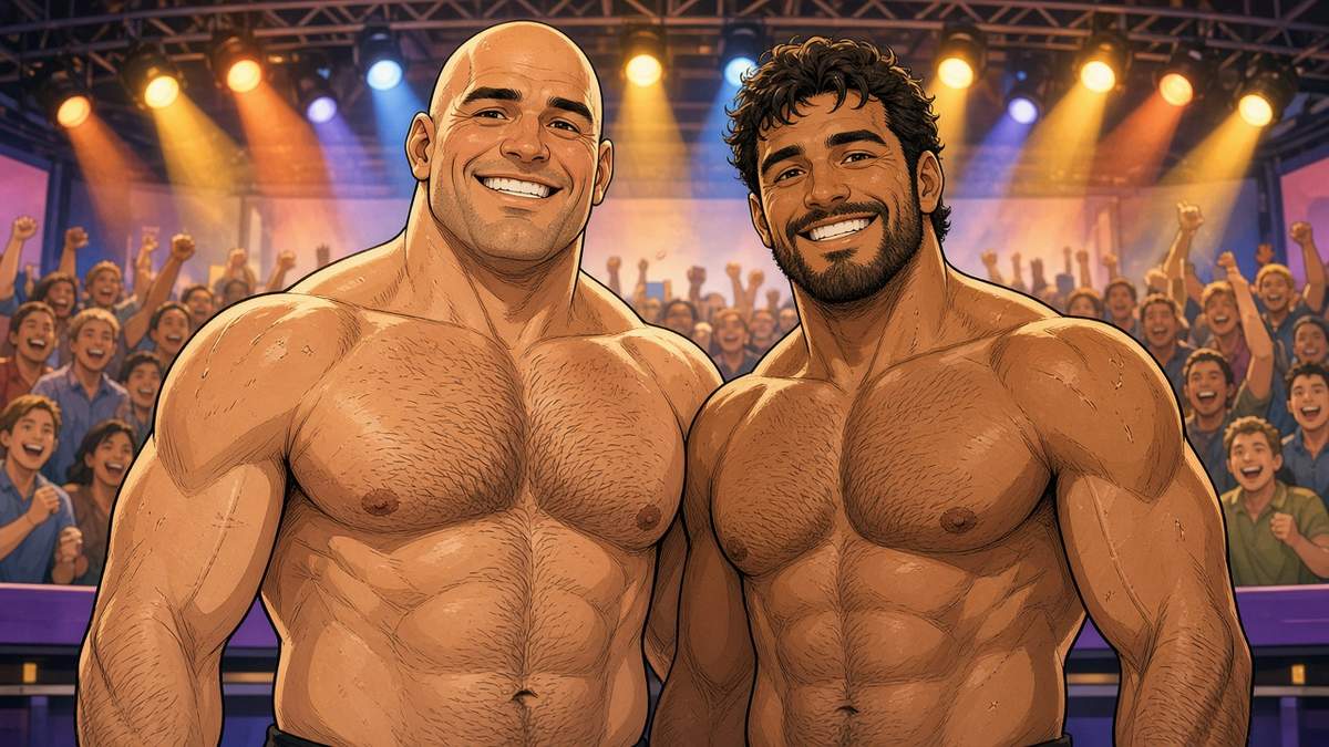 Bright comic of two smiling fictional heavyweight fighters at a cheerful weigh-in stage