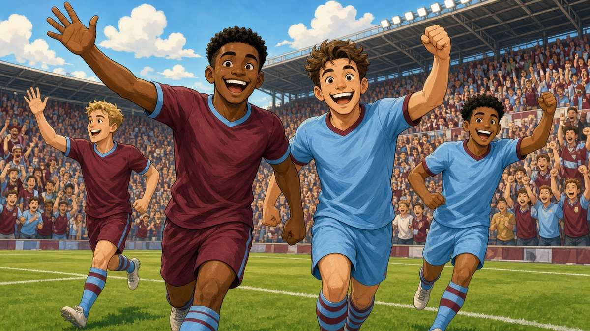 Bright comic of fictional footballers in claret and sky blue celebrating an early goal in a sunny stadium