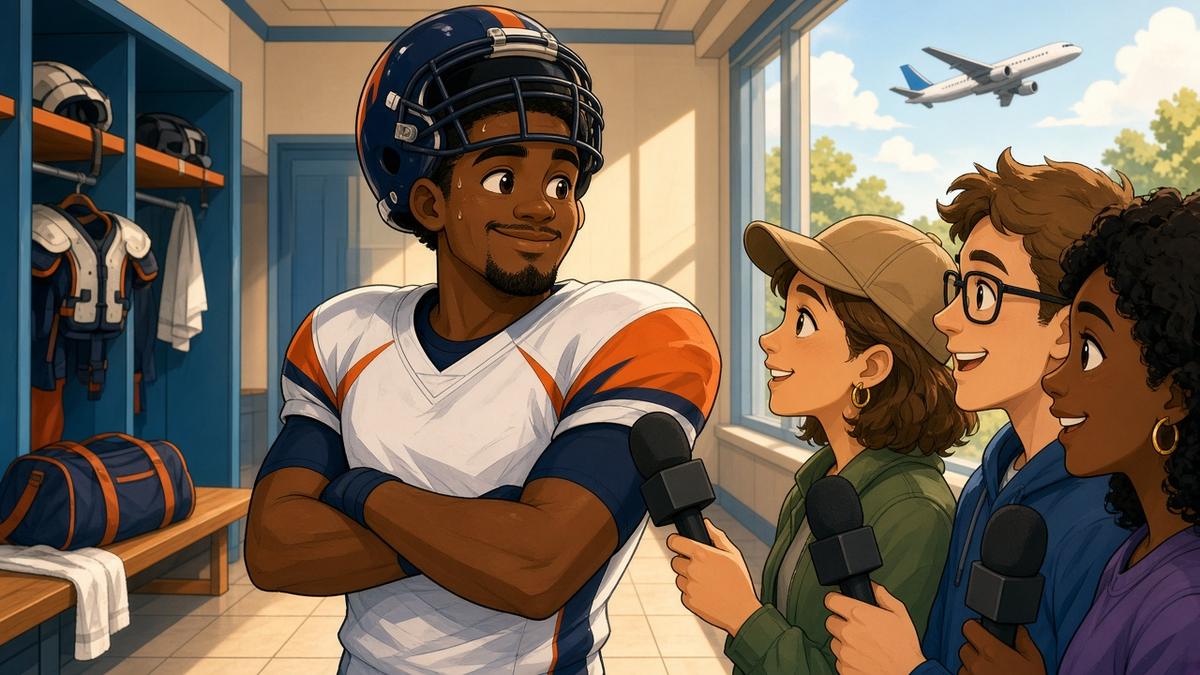 Bright comic of a fictional running back talking to reporters in a sunny locker room with a plane outside