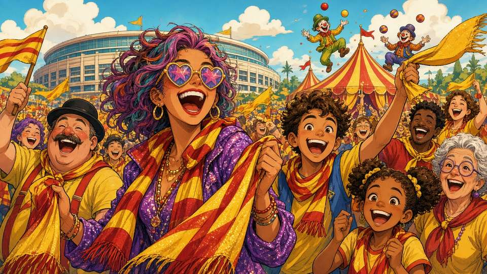 Bright comic of a flamboyant fictional fan in star glasses leading yellow-and-red scarf-waving supporters past a circus tent near a stadium