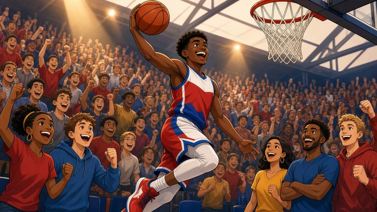 Bright comic of a fictional rookie basketball player soaring for a dunk as excited fans cheer