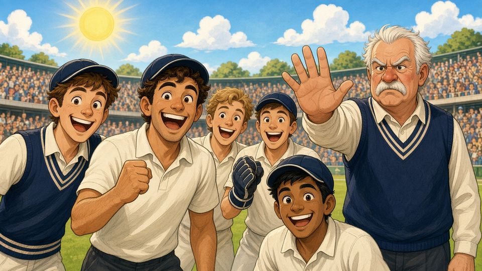 Bright comic of fictional England cricketers mid-celebration paused by a stern coach on a sunny cricket ground, faces toward the viewer
