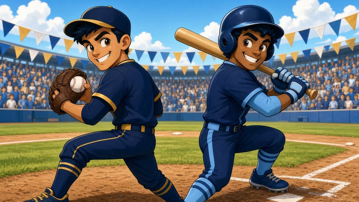 Bright comic of a fictional pitcher and batter grinning on a sunny baseball diamond