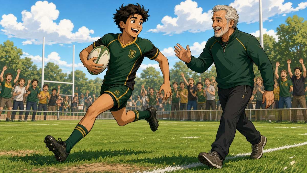 Bright comic of a smiling fictional teenage rugby winger in green, black and gold sprinting with the ball as a kind coach cheers