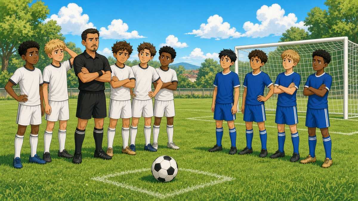 Sunny comic of fictional youth footballers standing by a referee near an empty goal