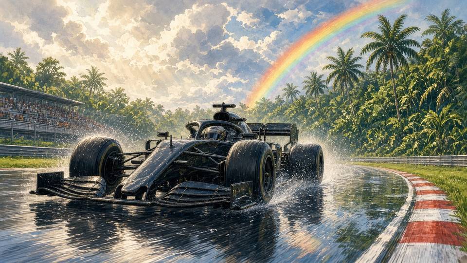 Bright editorial comic of an F1 car splashing through a wet circuit under a rainbow