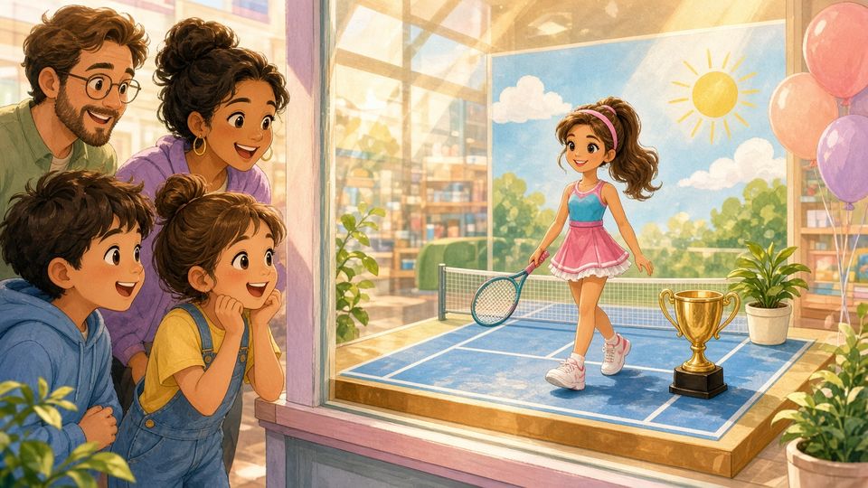 Bright comic of a family admiring a tennis doll on a miniature court in a sunny toy shop window