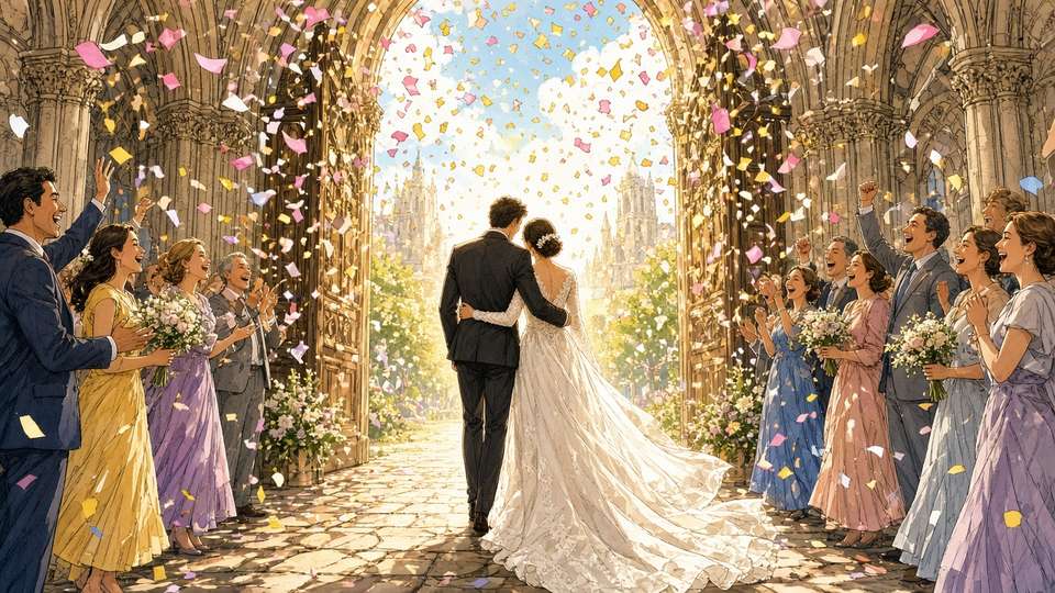 Bright comic of an anonymous couple leaving a grand Gothic abbey doorway under soft daylight confetti