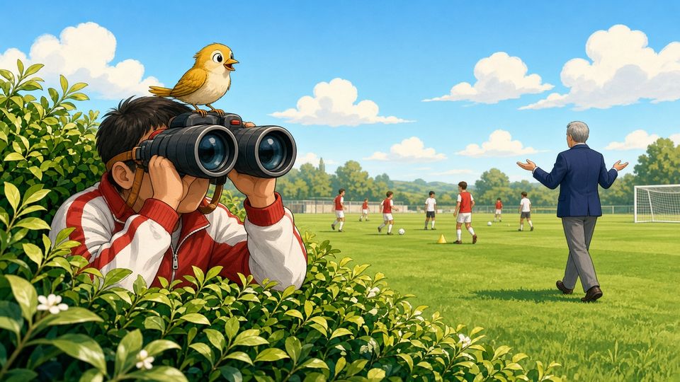 Bright comic of a manager peeking over a hedge with oversized binoculars and a bird on top