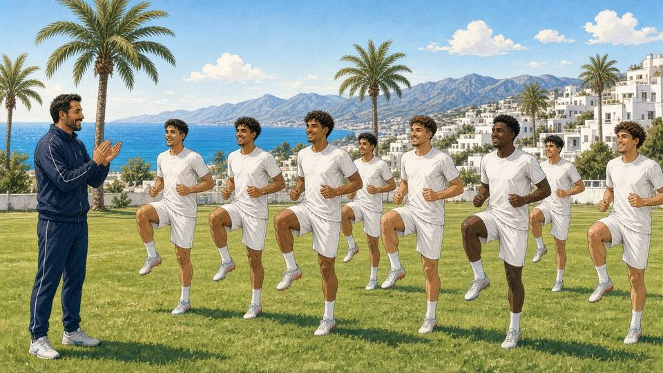 Bright comic of footballers in white warming up by the sea in southern Spain as their coach claps
