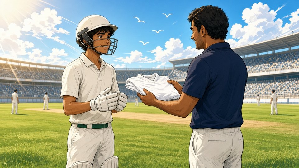 Bright comic of an anonymous young cricketer in white receiving a call-up jersey on a sunny practice pitch