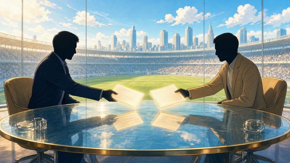 Bright editorial comic of diplomacy document exchange metaphor