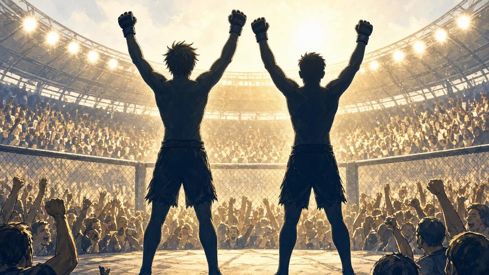 Bright editorial comic of MMA fighters celebrating under sunny arena lights