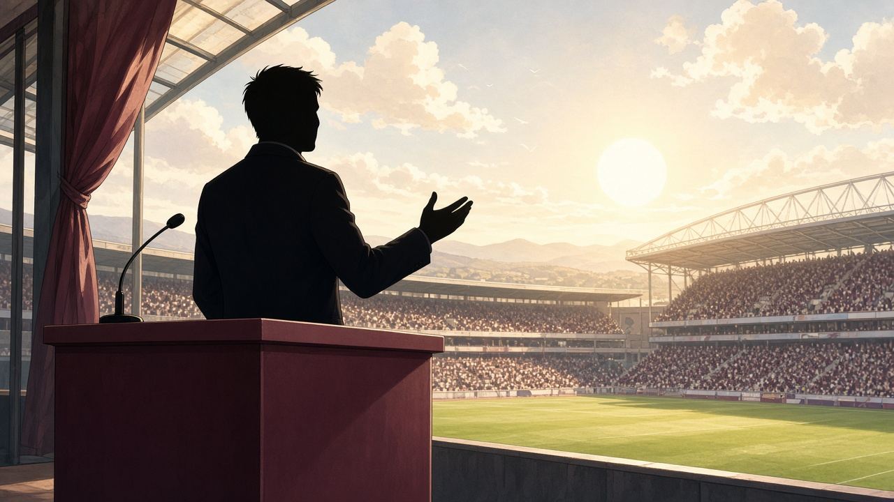 Bright editorial comic of manager press conference on league budgets