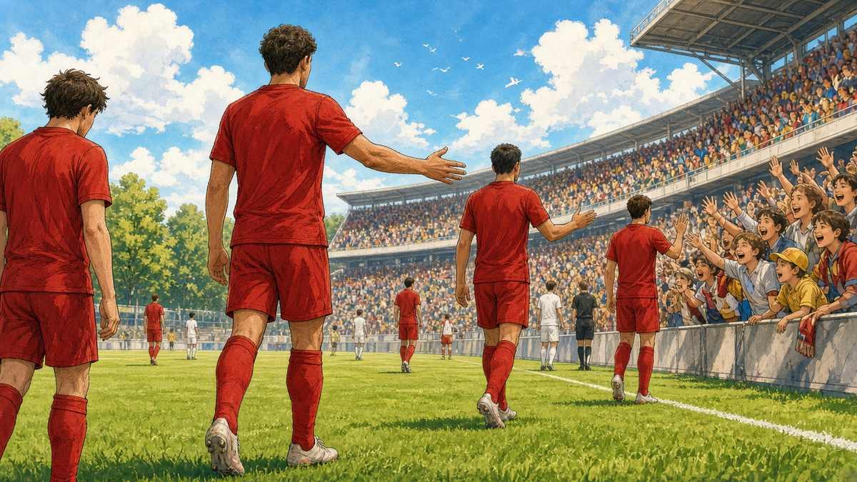 Bright comic of anonymous footballers in red gesturing apologetically toward supporters on a sunny away-day pitch