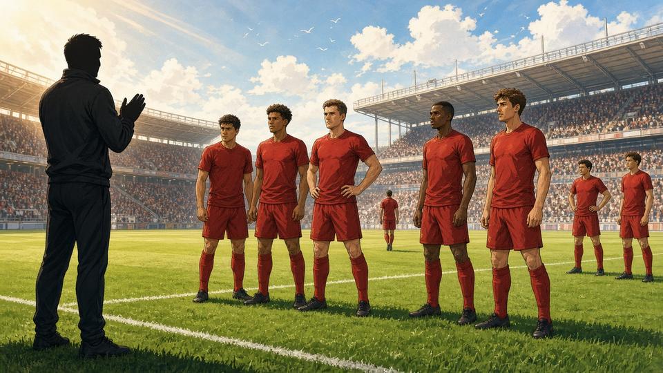 Bright comic of an anonymous coach clapping as senior players in red training kits look determined on a sunny pitch