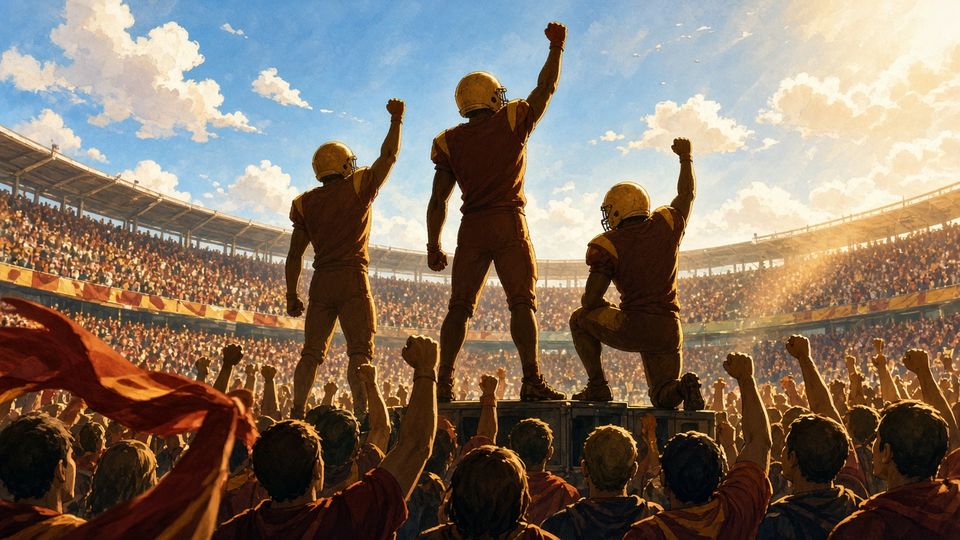 Bright editorial comic of college football comeback celebration