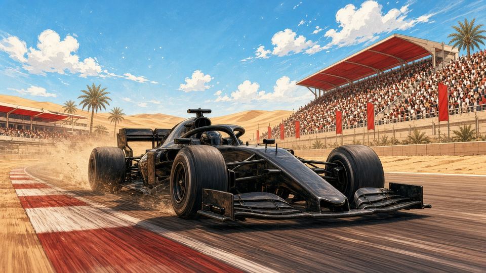 Bright editorial comic of F1 car on sunlit desert circuit