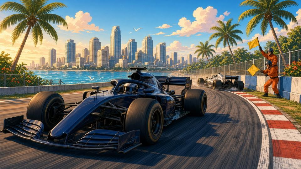 Bright comic of a dark blue race car leading on a sunny waterfront street circuit while a silver car spins behind
