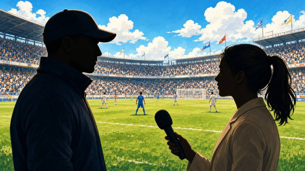 Bright comic of an anonymous coach looking determinedly away during a sunny pitchside interview with a journalist silhouette