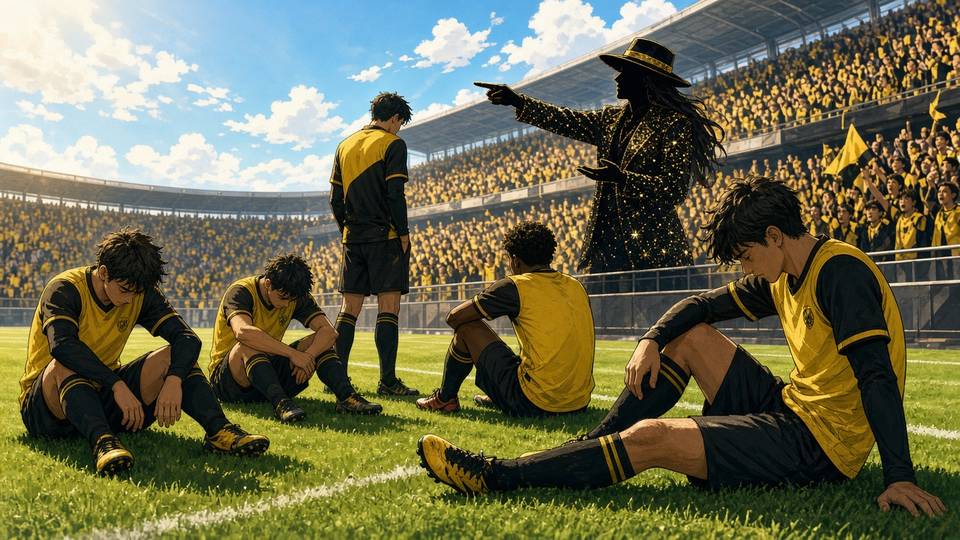 Bright comic of anonymous players in yellow and black looking downcast while a glamorous superfan gestures from the stands