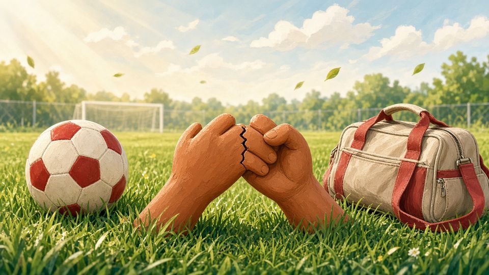 Bright editorial comic of a cracked clay pinky-promise beside a football and travel bag